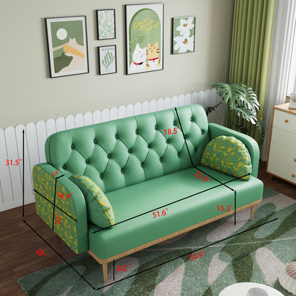 green Loveseat sofa with tulip pattern Modern Upholstered Two Seater PU Sofa with 2 dumpling-shaped throw pillows with tulip patterns